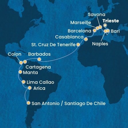 Itálie, Francie, Španělsko, Maroko, Barbados, Kolumbie, Panama, Ekvádor, Peru, Chile na lodi Costa Deliziosa