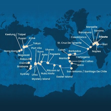 Itálie, Francie, Španělsko, Maroko, Barbados, Kolumbie, Panama, Ekvádor, Peru, Chile, Zámořské území Velké Británie, Francouzská Polynésie, Zámořské společenství Francie, Samoa, Tonga, Fidži, Vanuatu, Nová Kaledonie, Austrálie, Papua Nová Guinea, Japonsko, Jižní Korea, Tchaj-wan, Čína na lodi Costa Deliziosa