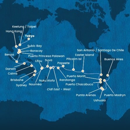 Japonsko, Tchaj-wan, Čína, Filipíny, Indonésie, Austrálie, Nová Kaledonie, Fidži, Tonga, , Cookovy ostrovy, Francouzská Polynésie, Zámořské území Velké Británie, Chile, Argentina z Tokia na lodi Costa Serena