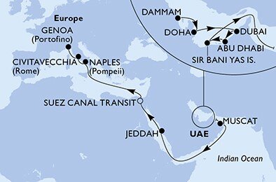 Saúdská Arábie, Katar, Spojené arabské emiráty, Omán, Egypt, Itálie na lodi MSC World Europa