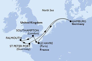 Velká Británie, Korunní závislé území Velké Británie, Německo, Francie ze Southamptonu na lodi MSC Euribia