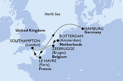 Nizozemsko, Belgie, Francie, Velká Británie, Německo z Rotterdamu na lodi MSC Euribia