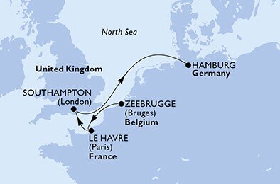 Belgie, Francie, Velká Británie, Německo ze Zeebrugge na lodi MSC Euribia