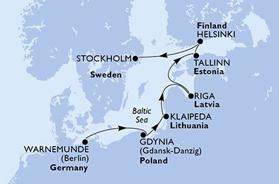 Německo, Polsko, Litva, Lotyšsko, Estonsko, Finsko, Švédsko z Warnemünde na lodi MSC Poesia