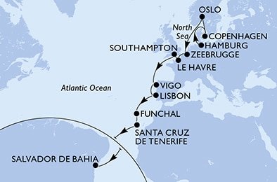 Německo, Dánsko, Norsko, Belgie, Francie, Velká Británie, Španělsko, Portugalsko, Brazílie z Hamburku na lodi MSC Preziosa