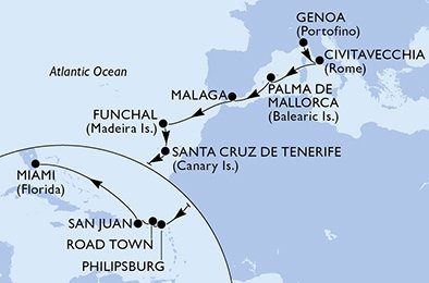 Itálie, Španělsko, Portugalsko, Svatý Martin, Britské Panenské ostrovy, USA z Janova na lodi MSC Magnifica