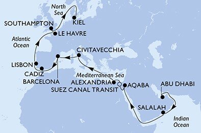 Spojené arabské emiráty, Omán, Jordánsko, Egypt, Itálie, Španělsko, Portugalsko, Francie, Velká Británie, Německo z Abu Dhabi na lodi MSC Euribia