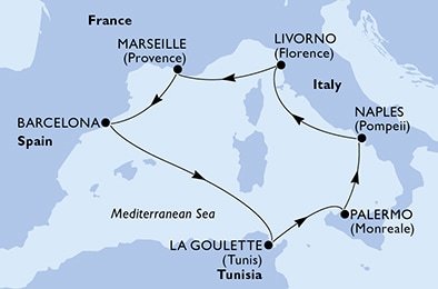 Itálie, Francie, Španělsko, Tunisko z Neapole na lodi MSC Seaside