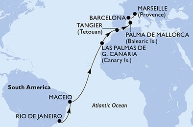 Brazílie, Španělsko, Maroko, Francie z Rio de Janeira na lodi MSC Seaview
