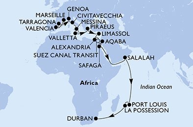 Francie, Španělsko, Itálie, Malta, Řecko, Kypr, Egypt, Jordánsko, Omán, Mauricius, Reunion, Jihoafrická republika z Marseille na lodi MSC Fantasia