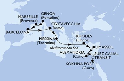 Itálie, Francie, Španělsko, Řecko, Kypr, Egypt z Janova na lodi MSC Opera