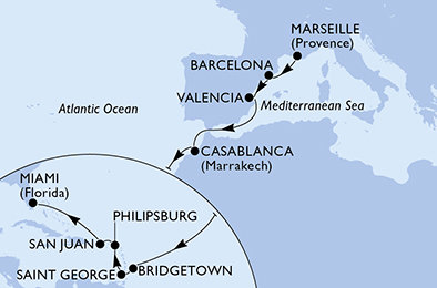 Francie, Španělsko, , Maroko, Barbados, Grenada, Svatý Martin, USA z Marseille na lodi MSC Seaside