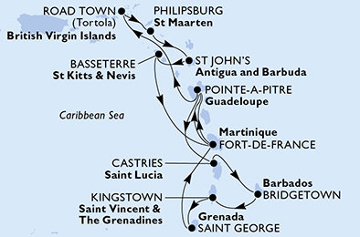 Martinik, Guadeloupe, Britské Panenské ostrovy, Svatý Martin, Antigua a Barbuda, Svatý Kryštof a Nevis, Svatá Lucie, Barbados, Svatý Vincenc a Grenadiny, Grenada z Fort-de-France na lodi MSC Virtuosa