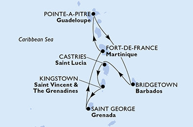 Guadeloupe, Barbados, Svatá Lucie, Svatý Vincenc a Grenadiny, Grenada, Martinik z Pointe-à-Pitre na lodi MSC Virtuosa
