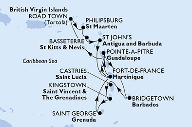 Martinik, Guadeloupe, Britské Panenské ostrovy, Svatý Martin, Svatý Kryštof a Nevis, Antigua a Barbuda, Barbados, Svatá Lucie, Svatý Vincenc a Grenadiny, Grenada z Fort-de-France na lodi MSC Virtuosa