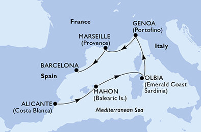 Španělsko, Menorca, Sardinie, Itálie, Francie z Alicante na lodi MSC Musica