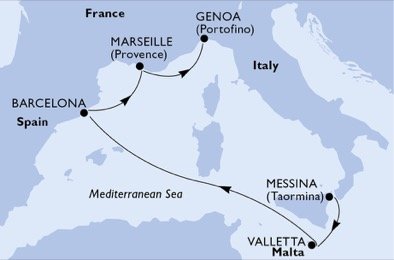 Itálie, Malta, Španělsko, Francie z Messiny na lodi MSC World Europa
