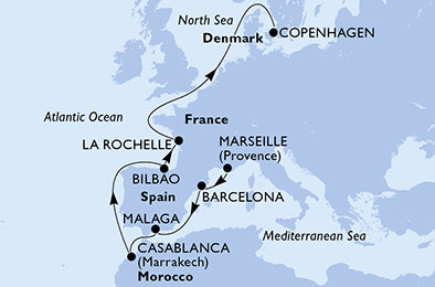 Francie, Španělsko, Maroko, Dánsko z Marseille na lodi MSC Magnifica