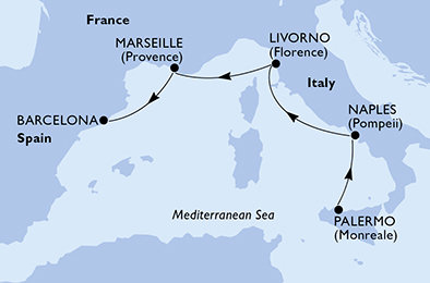 Itálie, Francie, Španělsko z Palerma na lodi MSC Meraviglia