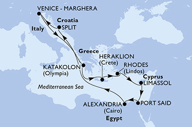 Itálie, Řecko, Kypr, Egypt, Chorvatsko na lodi MSC Lirica