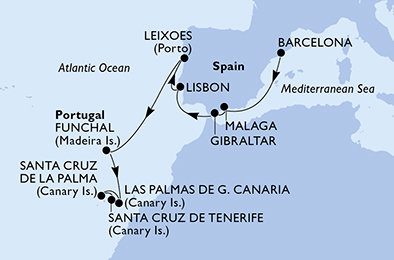 Španělsko, Velká Británie, Portugalsko, Madeira z Barcelony na lodi MSC Musica