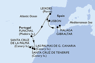 Španělsko, Velká Británie, Portugalsko, Madeira z Málagy na lodi MSC Musica