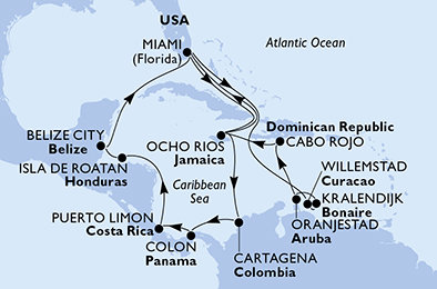 USA, Jamajka, Kolumbie, Panama, Kostarika, Honduras, Belize, Curacao, Bonaire, Aruba, Dominikánská republika z Miami na lodi MSC Poesia