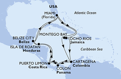USA, Jamajka, Kolumbie, Panama, Kostarika, Honduras, Belize z Miami na lodi MSC Poesia