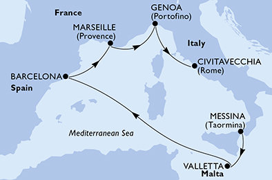Sicílie, Malta, Španělsko, Francie, Itálie z Messiny na lodi MSC World Europa