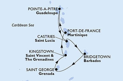 Martinik, Guadeloupe, Svatá Lucie, Barbados, Grenada, Svatý Vincenc a Grenadiny z Fort-de-France, Martinik na lodi MSC Seaview