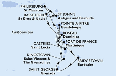 Barbados, Grenada, Svatý Vincenc a Grenadiny, Martinik, Guadeloupe, Svatý Martin, Antigua a Barbuda, Svatý Kryštof a Nevis, Dominika, Svatá Lucie z Bridgetownu na lodi MSC Seaview