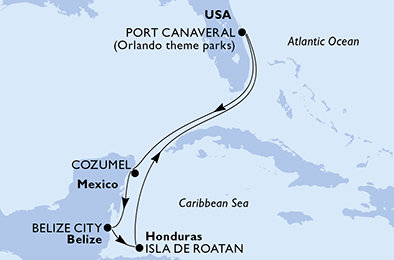 USA, Mexiko, Belize, Honduras z Port Canaveralu na lodi MSC Seashore