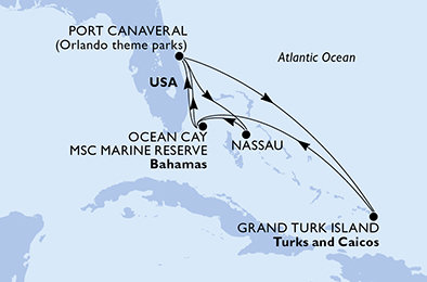 USA, Zámořské území Velké Británie, Bahamy z Port Canaveralu na lodi MSC Seashore