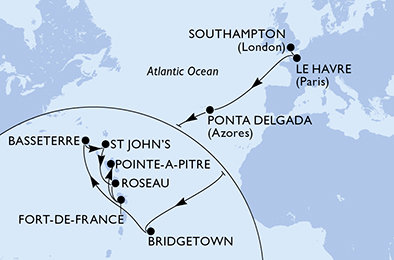 Velká Británie, Francie, Portugalsko, Barbados, Svatý Kryštof a Nevis, Antigua a Barbuda, Dominika, Martinik, Guadeloupe ze Southamptonu na lodi MSC Virtuosa