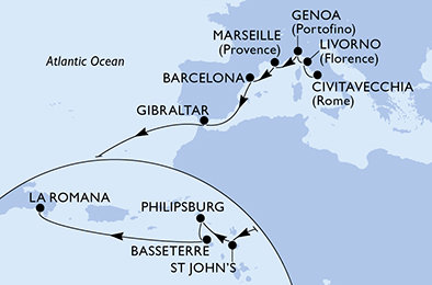 Itálie, Francie, Španělsko, Velká Británie, Antigua a Barbuda, Svatý Martin, Svatý Kryštof a Nevis, Dominikánská republika z Civitavecchia na lodi MSC Opera