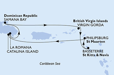Dominikánská republika, Zámořské území Velké Británie, Svatý Kryštof a Nevis, Svatý Martin z La Romany na lodi MSC Opera
