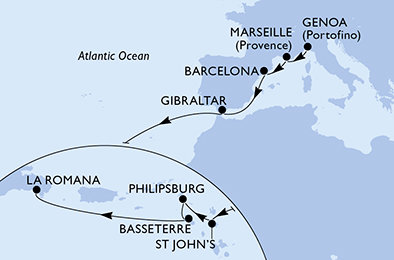 Itálie, Francie, Španělsko, Velká Británie, Antigua a Barbuda, Svatý Martin, Svatý Kryštof a Nevis, Dominikánská republika z Janova na lodi MSC Opera