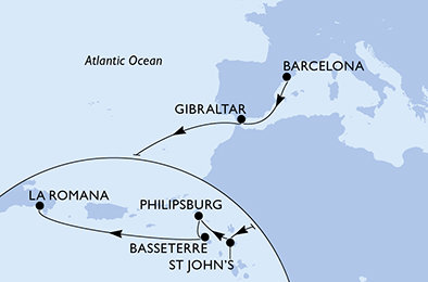 Španělsko, Velká Británie, Antigua a Barbuda, Svatý Martin, Svatý Kryštof a Nevis, Dominikánská republika z Barcelony na lodi MSC Opera