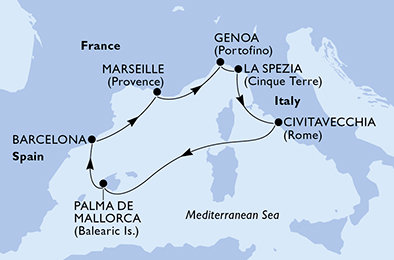 Itálie, Španělsko, Francie z Civitavecchia na lodi MSC World Europa