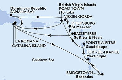 Martinik, Guadeloupe, Britské Panenské ostrovy, Dominikánská republika, Zámořské území Velké Británie, Svatý Martin, Svatý Kryštof a Nevis, Barbados z Fort-de-France na lodi MSC Opera