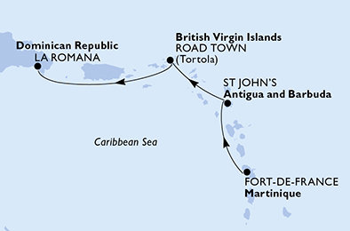 Martinik, Antigua a Barbuda, Britské Panenské ostrovy, Dominikánská republika z Fort-de-France, Martinik na lodi MSC Opera