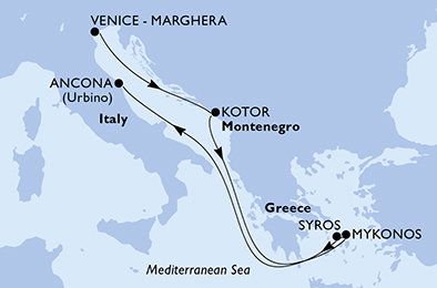 Itálie, Černá Hora, Řecko z Marghery na lodi MSC Lirica