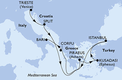 Itálie, Chorvatsko, Řecko, Turecko na lodi MSC Splendida