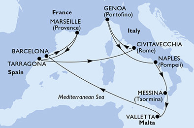 Francie, Španělsko, Itálie, Sicílie, Malta z Marseille na lodi MSC Magnifica