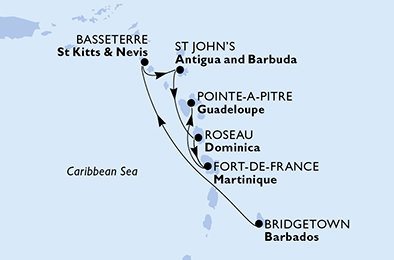 Barbados, Svatý Kryštof a Nevis, Antigua a Barbuda, Dominika, Martinik, Guadeloupe z Bridgetownu na lodi MSC Virtuosa