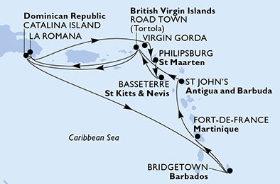 Dominikánská republika, Zámořské území Velké Británie, Svatý Martin, Svatý Kryštof a Nevis, Britské Panenské ostrovy, Barbados, Martinik, Antigua a Barbuda z La Romany na lodi MSC Opera