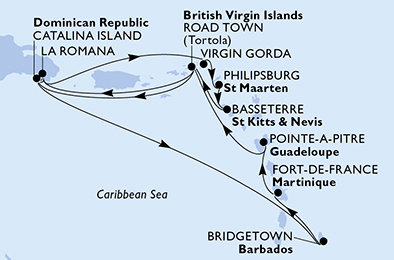 Dominikánská republika, Zámořské území Velké Británie, Svatý Martin, Svatý Kryštof a Nevis, Britské Panenské ostrovy, Barbados, Martinik, Guadeloupe z La Romany na lodi MSC Opera