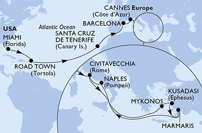 USA, Britské Panenské ostrovy, Španělsko, Francie, Itálie, Řecko, Turecko z Miami na lodi MSC Divina
