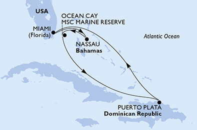 USA, New Providence, Ocean Cay, Dominikánská republika z Miami na lodi MSC Meraviglia