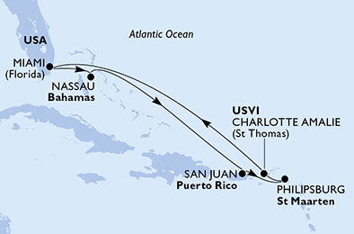 USA, New Providence, Portoriko, Svatý Martin z Miami na lodi MSC Meraviglia